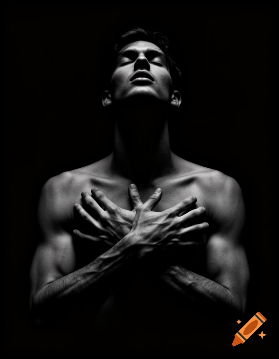 A high-contrast, black and white hyperrealistic portrait of a shirtless man with his eyes closed, looking upwards, and his hands crossed over his chest.