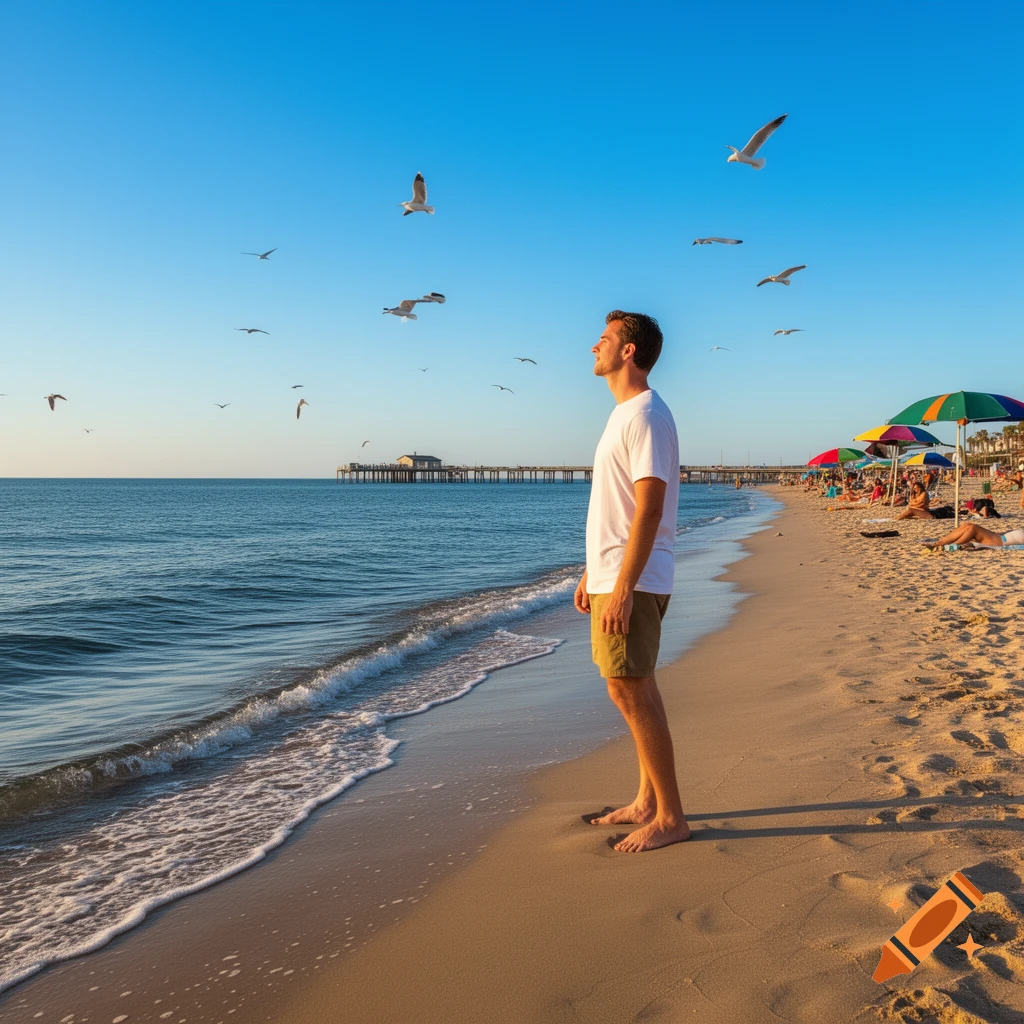 Photorealistic image of a man standing barefoot on a sandy beach looking up at flying seagulls, with the ocean and a pier in the background.