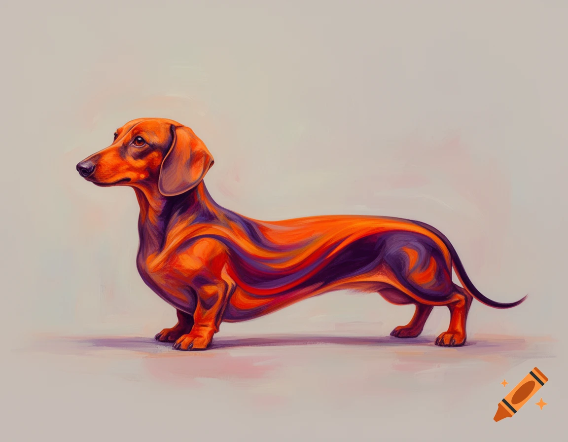 A stylized abstract painting of a dachshund with vibrant orange and purple swirling patterns, seen from the side.