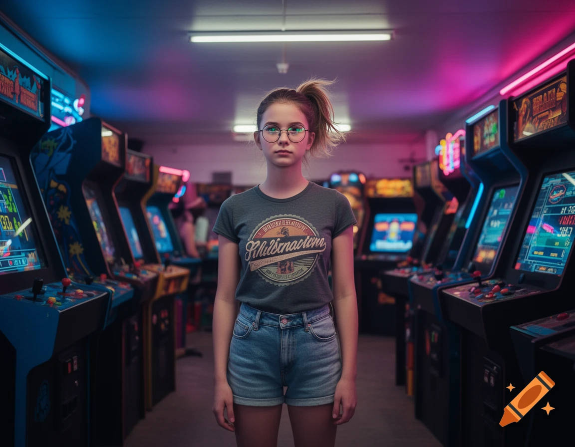 A young girl with glasses and a ponytail stands centered in a neon-lit arcade filled with game machines, wearing a dark t-shirt and denim shorts.