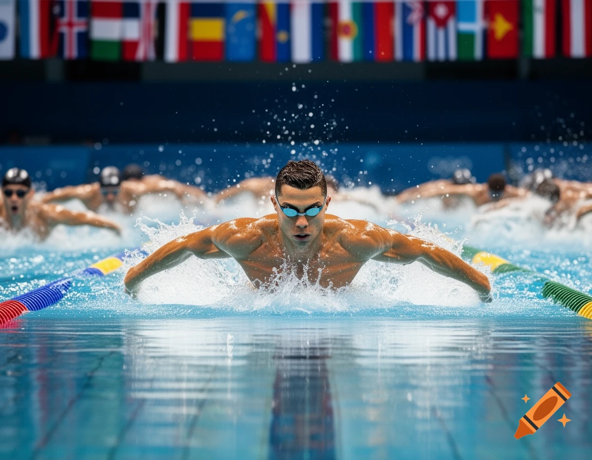 A hyper-realistic shot of a muscular male swimmer performing the butterfly stroke in a race, splashing water, with other competitors and blurry flags in the background.