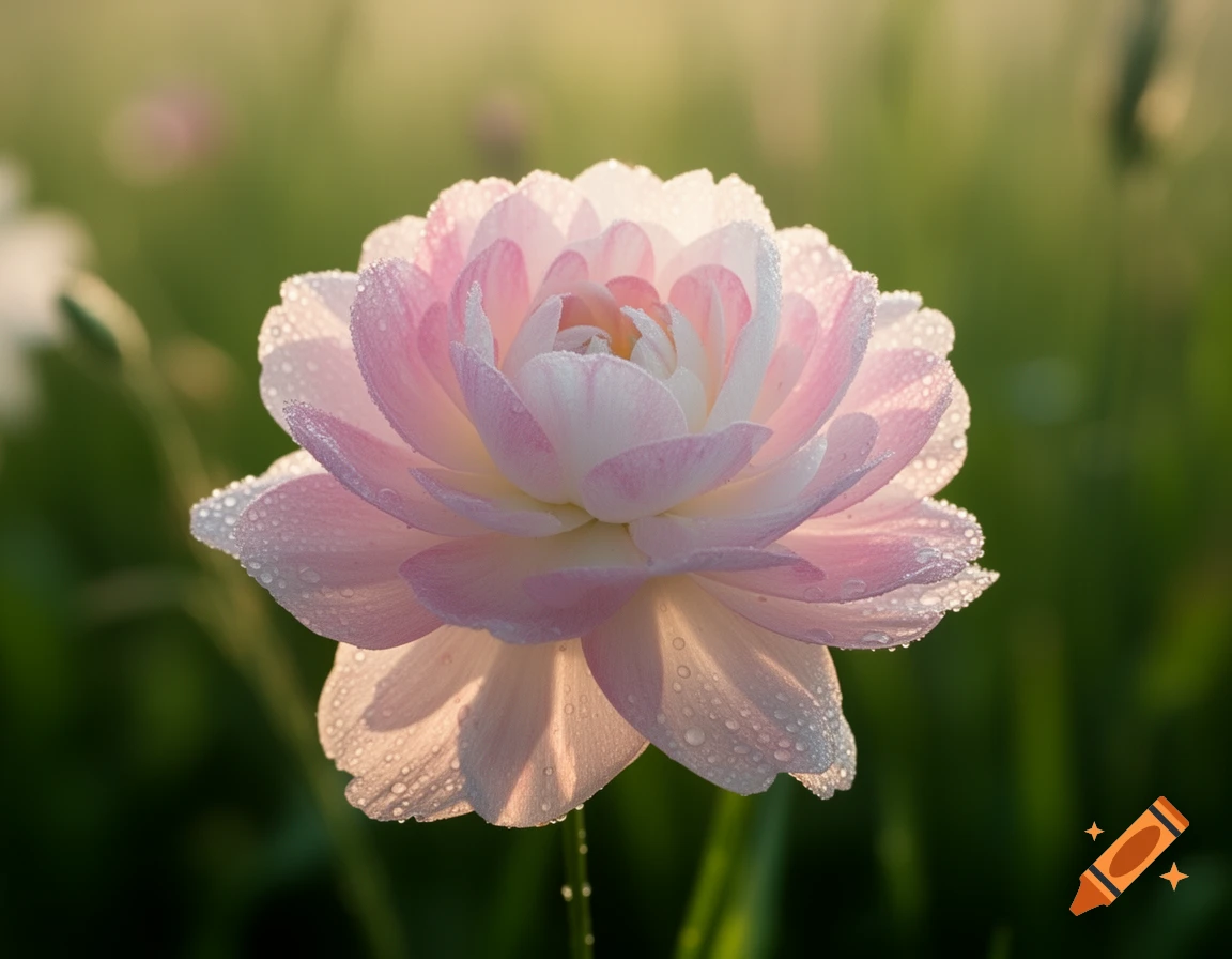 Close-up of a delicate pink and white flower with dewdrops on petals, glowing in soft morning light against a blurred green background.