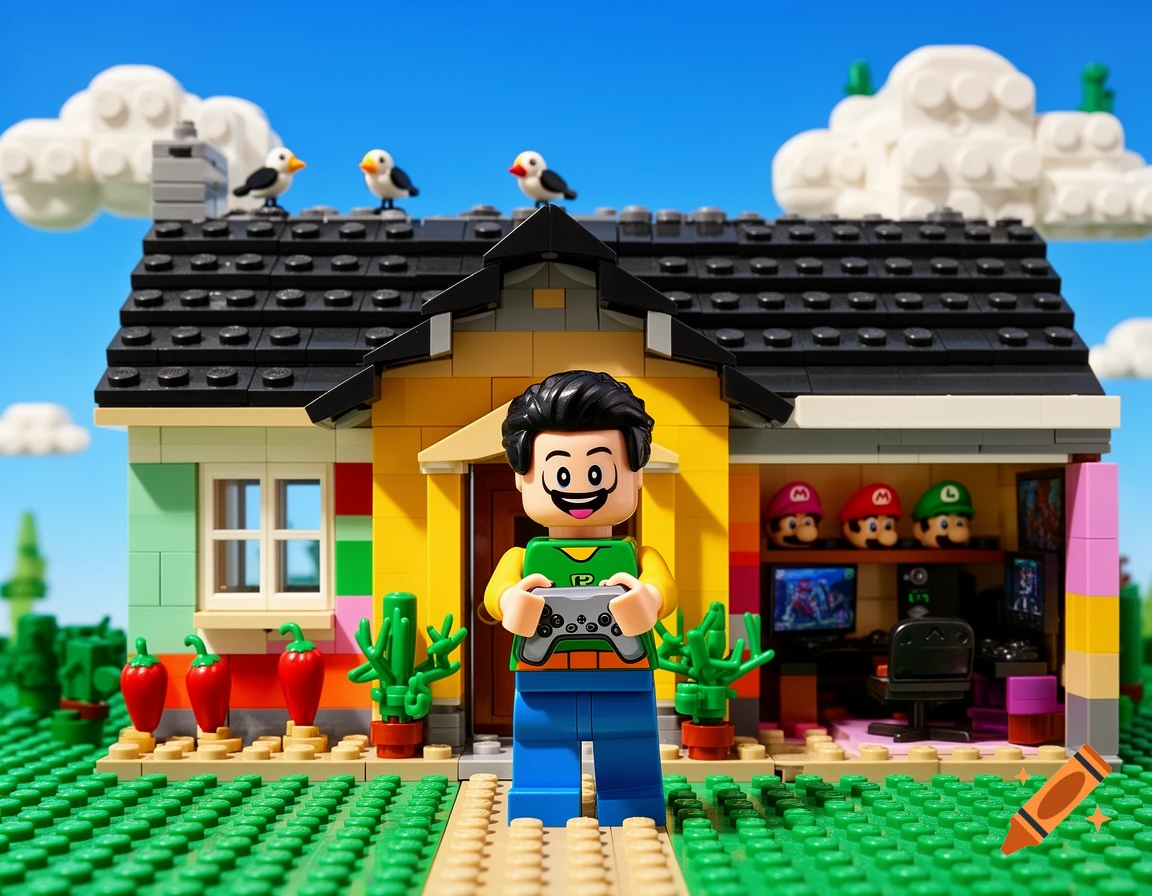 A Lego minifigure holding a game controller stands in front of a Lego house with chili plants and a gaming room, under a bright blue sky.