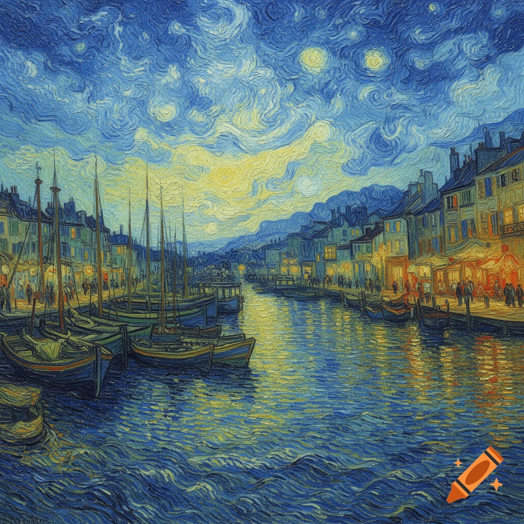 Van Gogh-style painting of a bustling European harbor at night with many boats, glowing buildings, and a swirling starry sky.