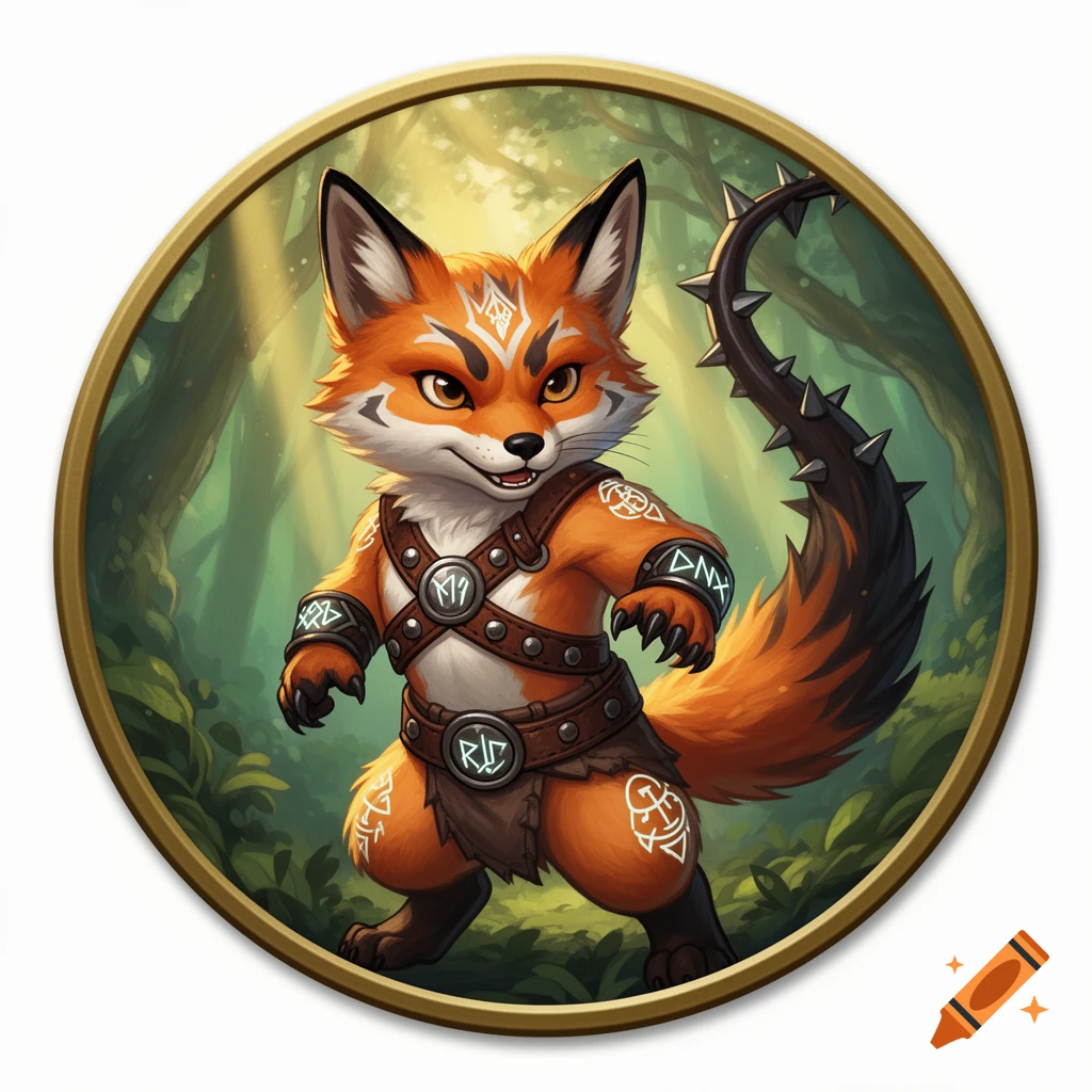 Cute orange vulpine fox barbarian character token with a barbed tail, wearing leather armor, in a forest setting.