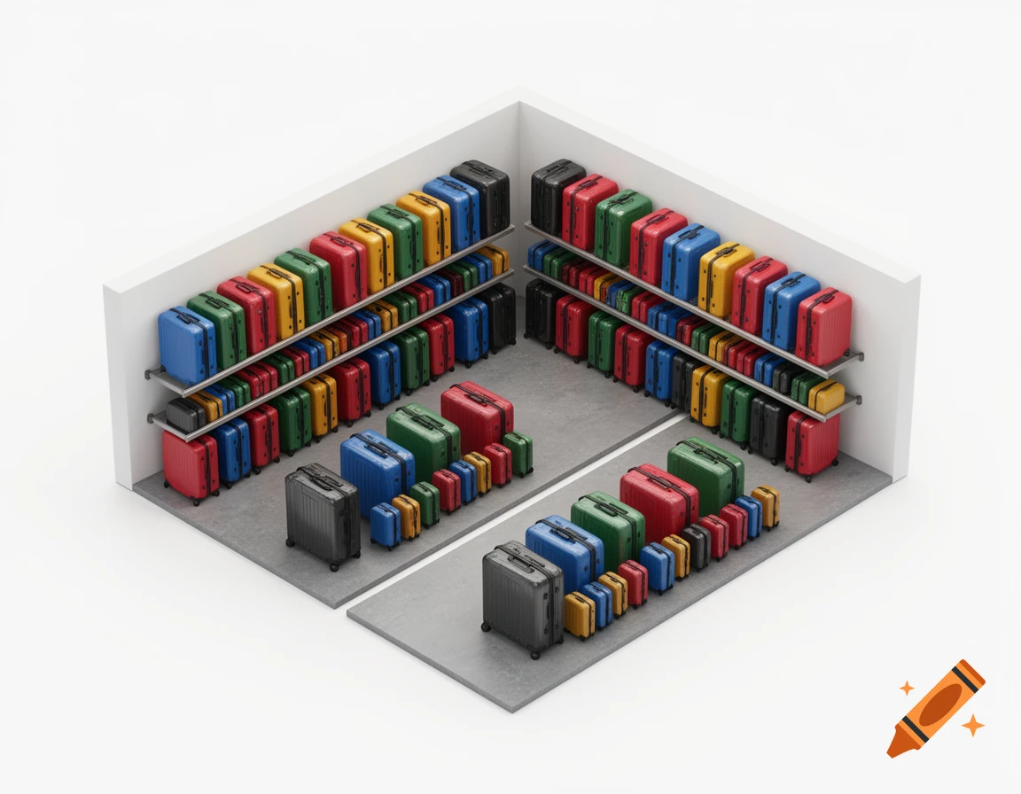 Isometric 3D render of a neat, organized storage room with colorful suitcases on L-shaped shelves and the floor.