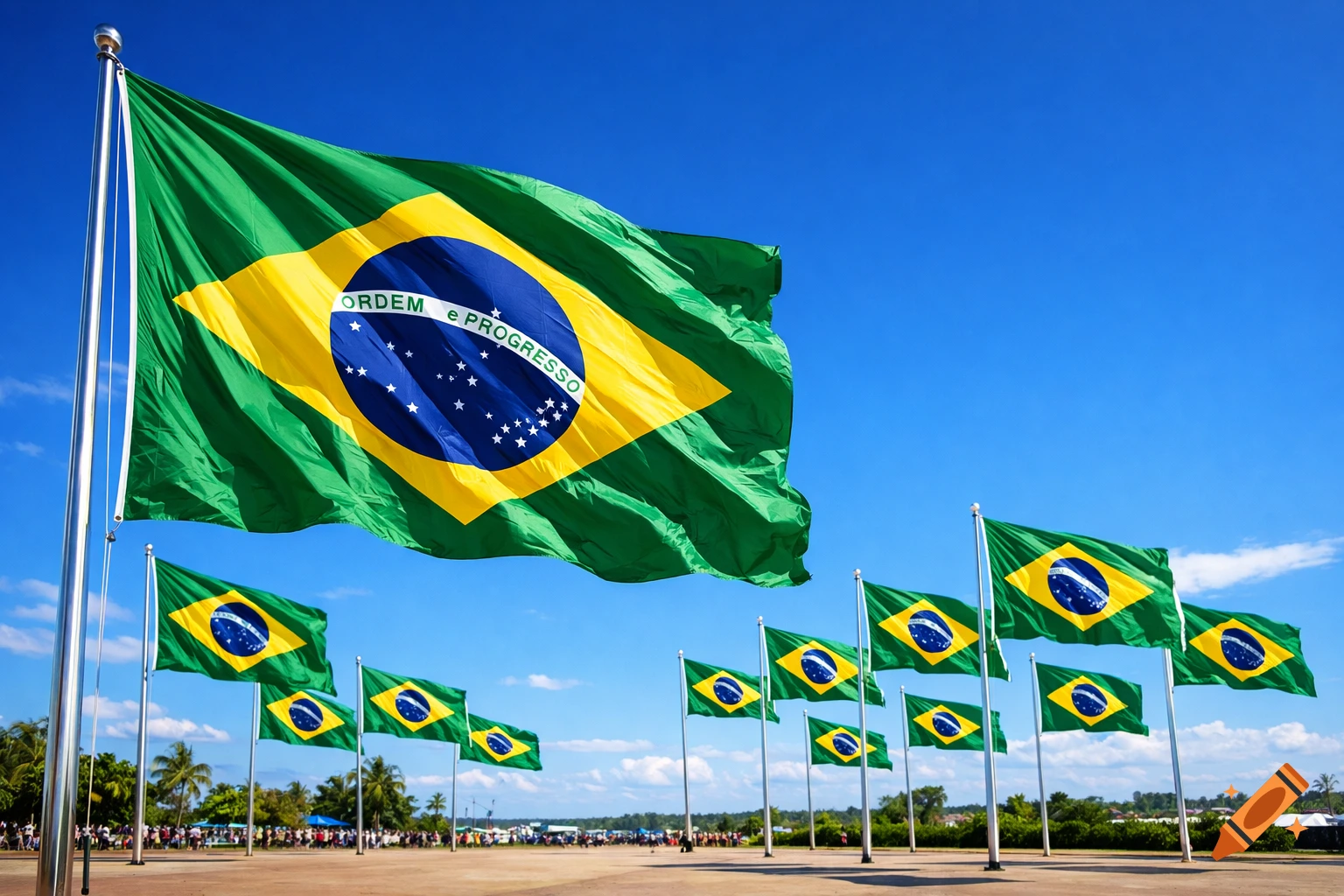 Multiple vibrant Brazilian flags wave against a bright blue sky, with a large flag in the foreground, and people in the distant background.