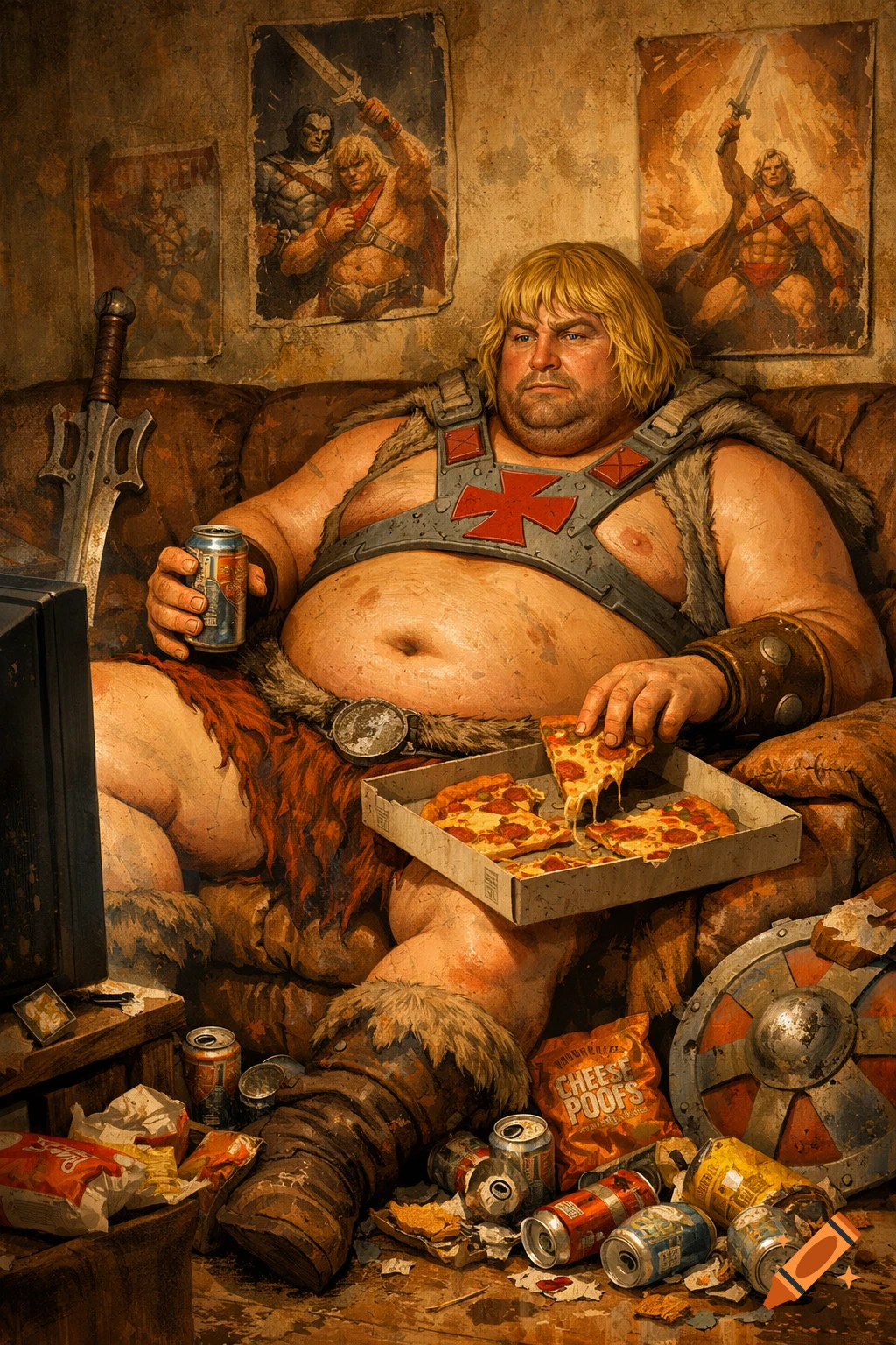 Overweight He-Man, in armor and loincloth, reclines on a sofa watching TV, eating pizza and drinking from a can amidst a messy room with trash and posters.