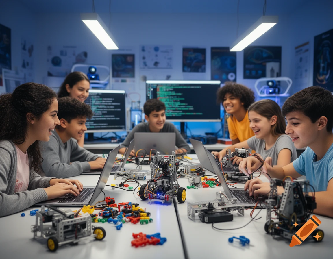 A group of diverse, smiling students enthusiastically work with laptops and educational robots in a modern robotics lab.
