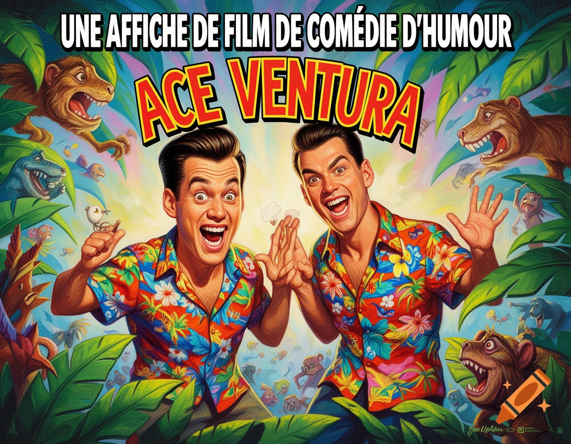 A colorful cartoon movie poster featuring two exaggerated Jim Carrey-like men, dressed as Ace Ventura, posing in a jungle with various animals. Text reads "UNE AFFICHE DE FILM DE COMÉDIE D'HUMOUR" and "ACE VENTURA".