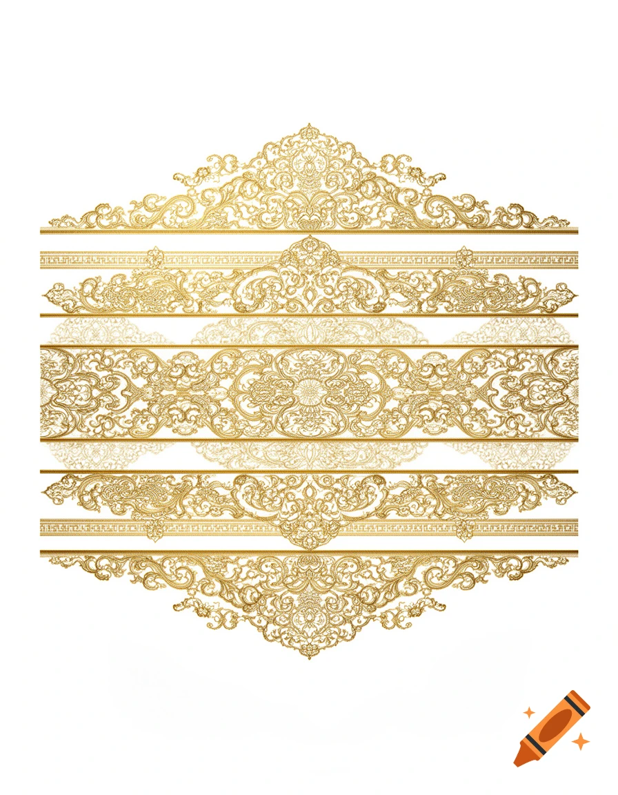 An elaborate golden ornamental design featuring multiple horizontal bands of intricate swirling patterns on a white background.