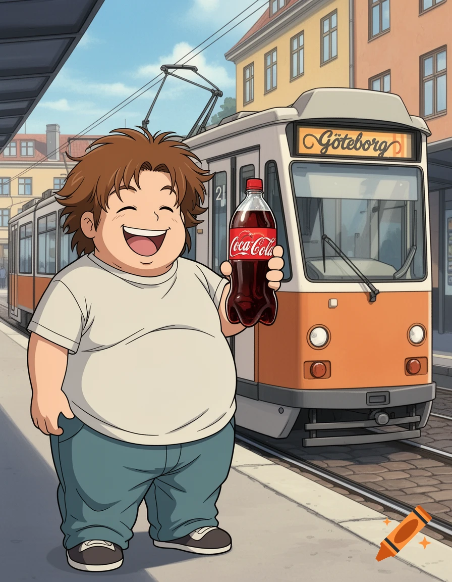 A chubby anime-style character with brown hair stands next to a Swedish tram displaying "Göteborg," holding a Coca-Cola bottle.