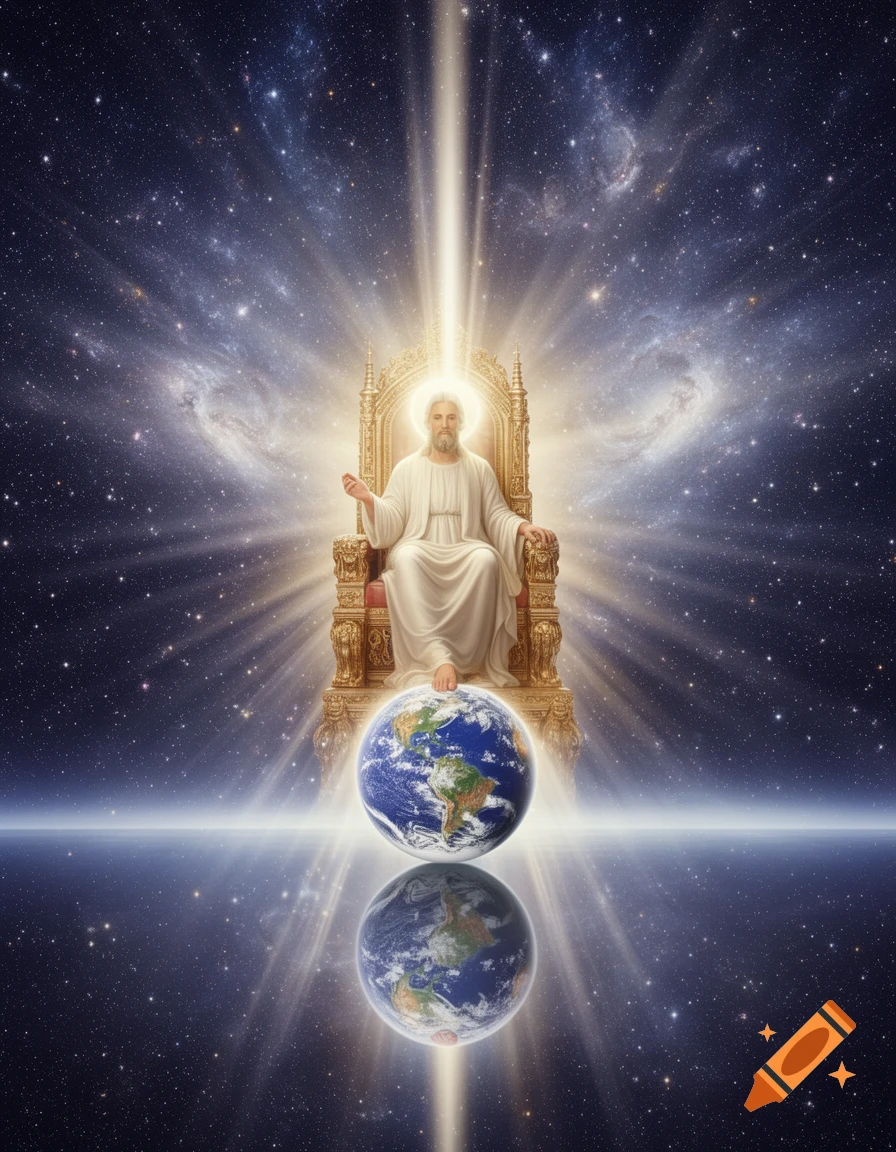 A divine figure, resembling Jesus, sits on a golden throne in a cosmic setting, with his foot resting on the Earth, which reflects below like a sea of glass.