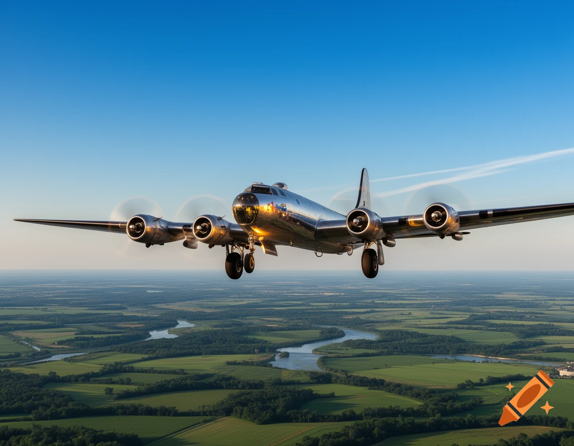 A shiny silver B-29 bomber flies low over a lush green rural landscape with a winding river under a clear blue sky.