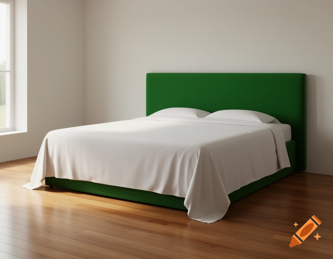 A minimalist bedroom featuring a large bed with white sheets and a green headboard, next to a window.