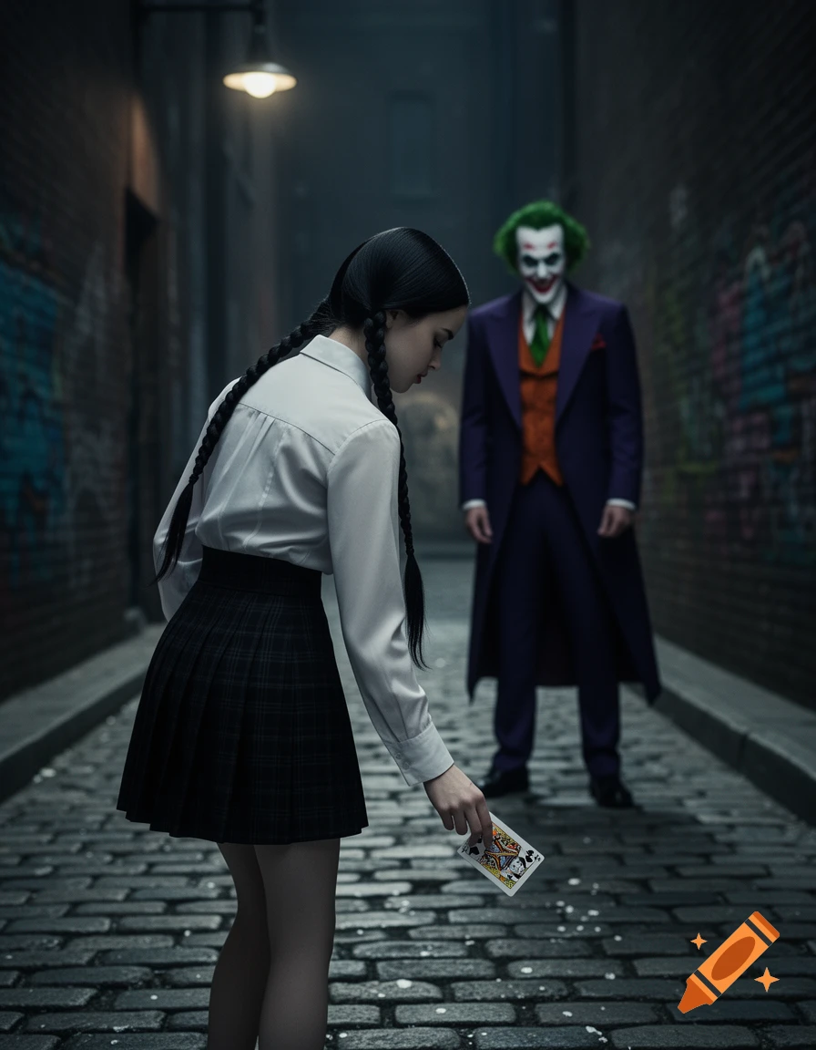 A girl with black braided pigtails in a white shirt and plaid skirt bends to pick up a playing card in a dark alley, with the Joker standing in the background.