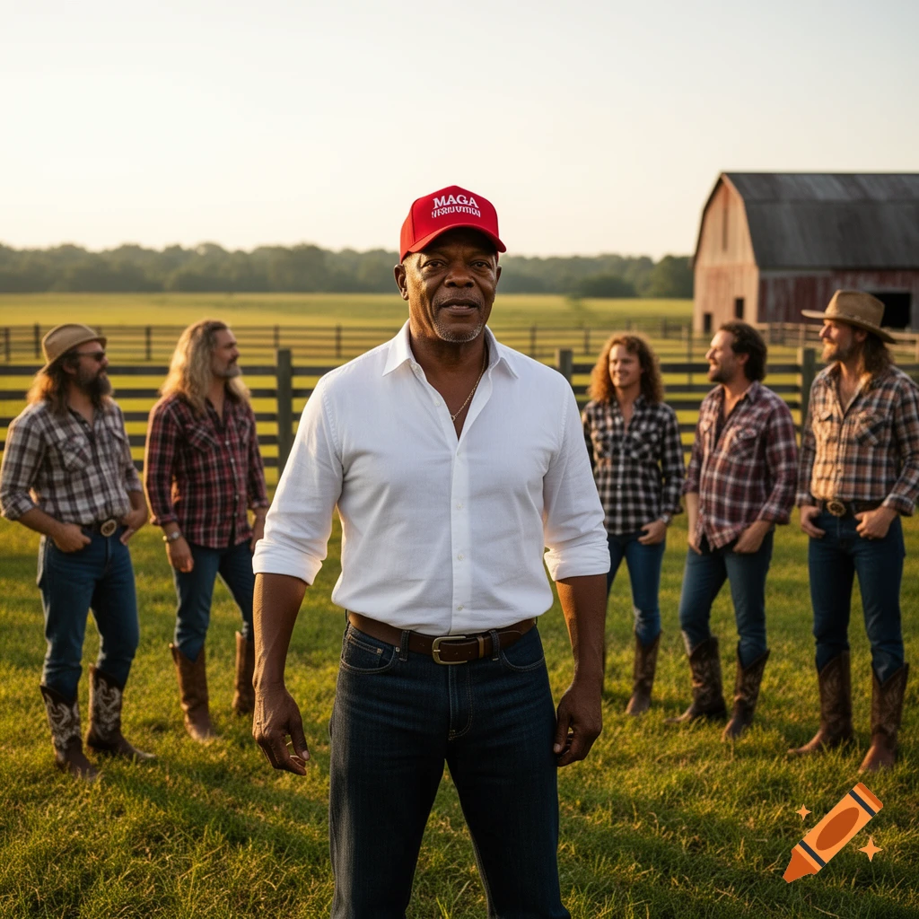 Samuel L. Jackson in a red MAGA hat and white shirt, standing in a sunny rural field with five men in plaid shirts and cowboy hats.