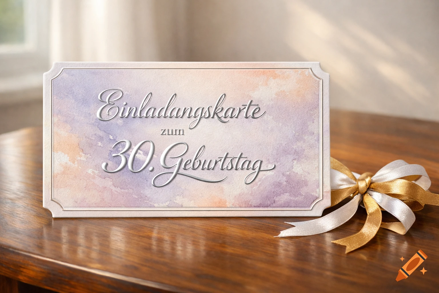 A watercolor birthday invitation card for a 30th birthday, with a gold and white ribbon bow on a wooden table.