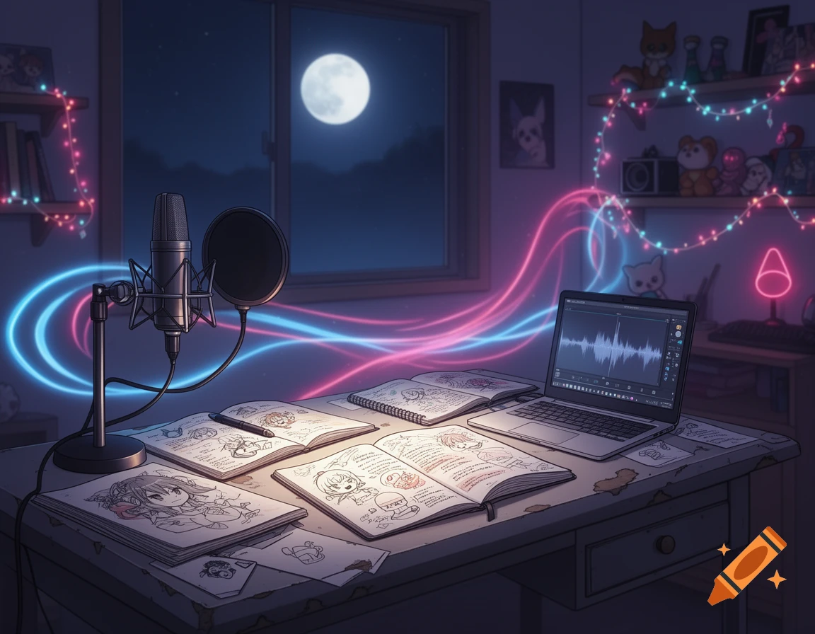 Cozy, lo-fi anime-style home office at night with a microphone, laptop displaying an audio waveform, open notebooks with character sketches, and colorful string lights. A full moon is visible through the window.