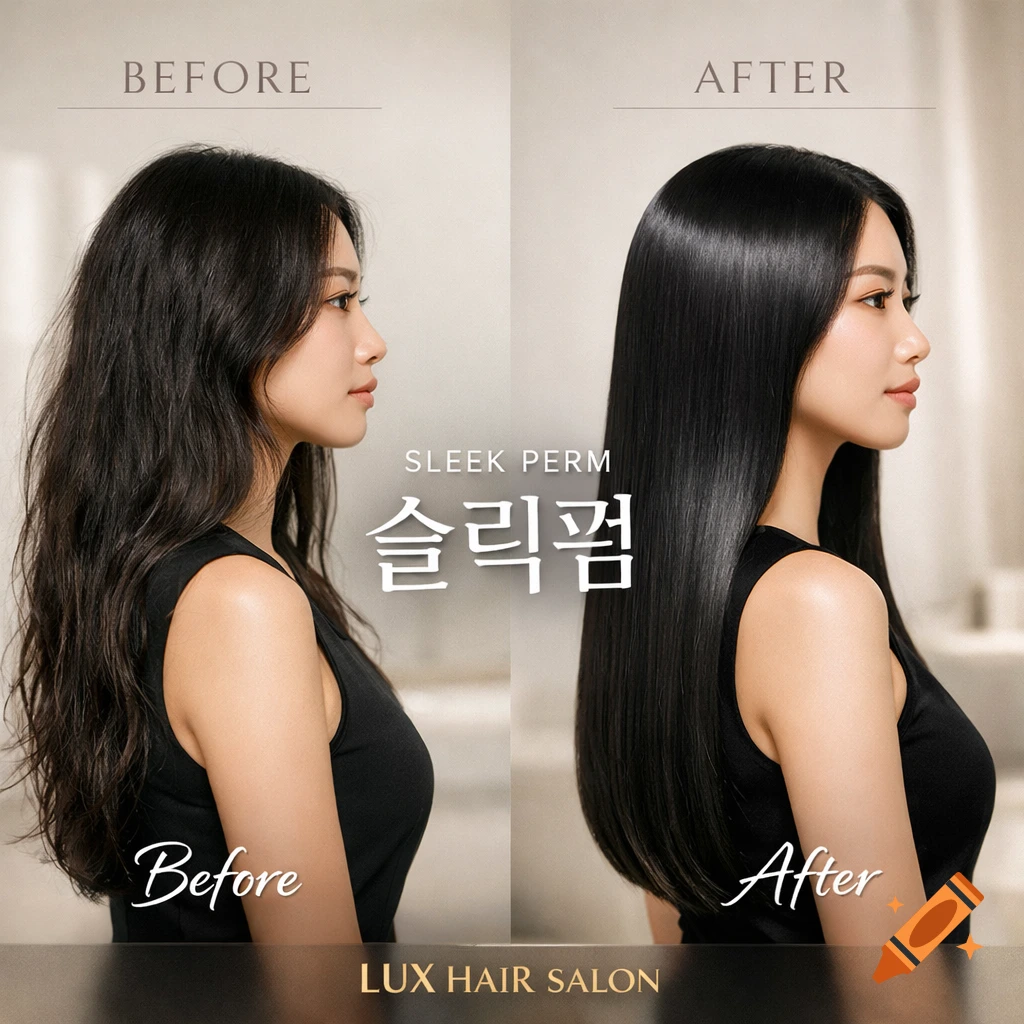A split image shows a Korean woman's long black hair, before on the left with wavy hair, and after on the right with sleek, shiny straight hair.