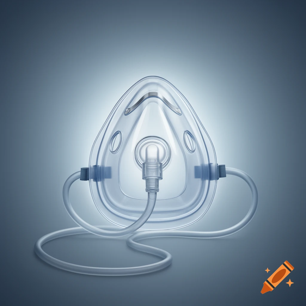 A clear medical oxygen mask with tubes against a blue-grey gradient background.