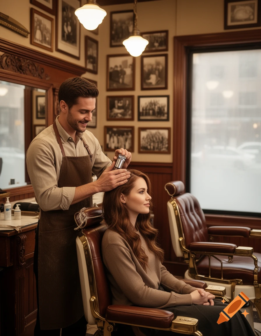 A smiling male barber applies product to a woman's long hair in a vintage barbershop with framed pictures.