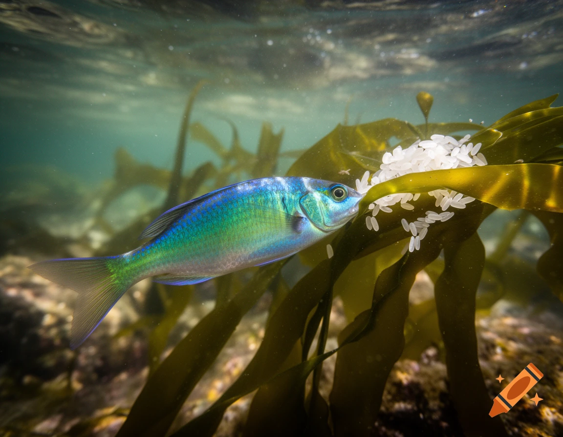A vibrant blue and green fish swims near kelp with a cluster of white eggs in a clear, photorealistic underwater scene.