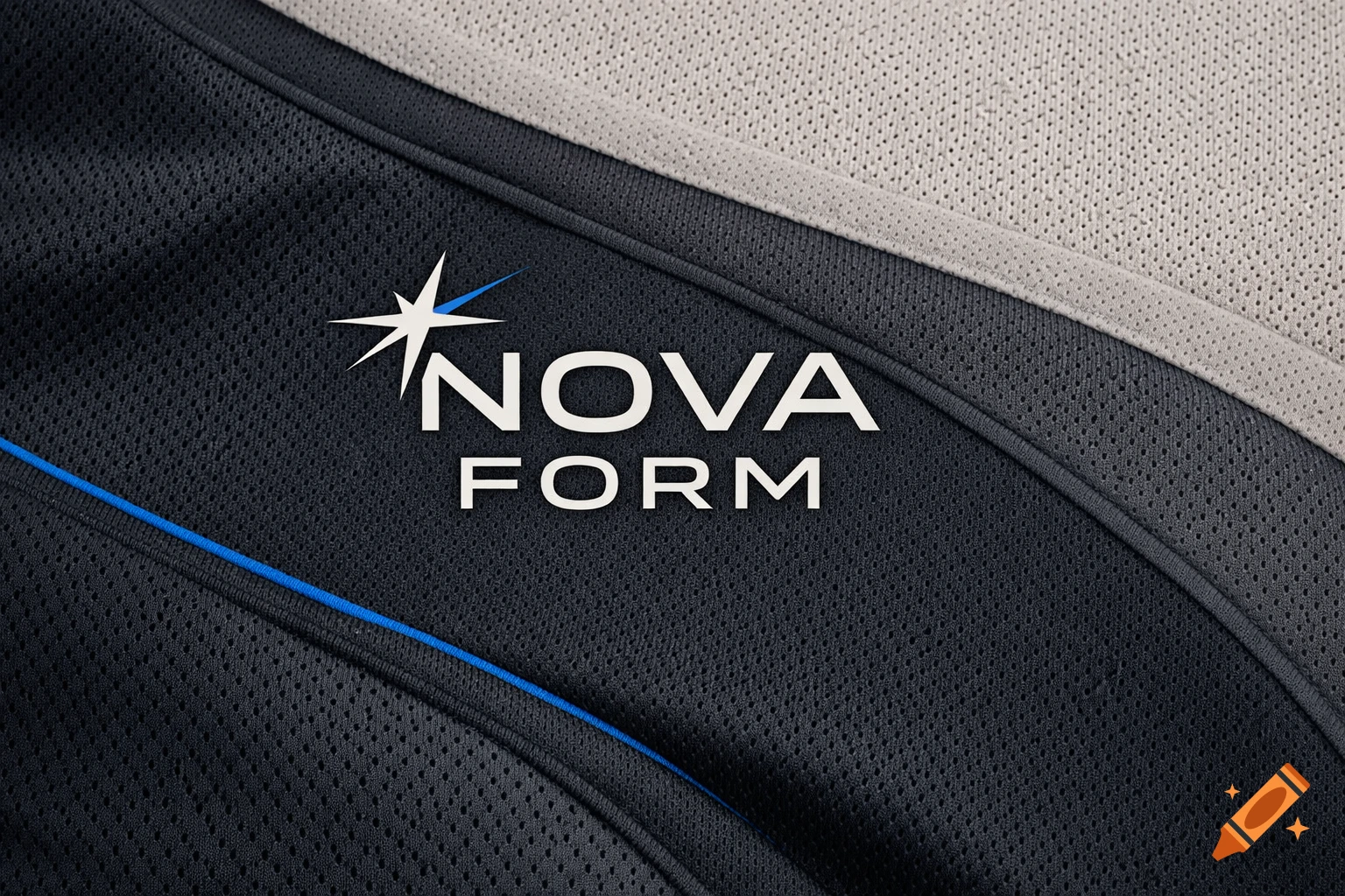 A Nova Form logo with a white starburst icon on a dark grey and beige perforated fabric with a blue stripe.