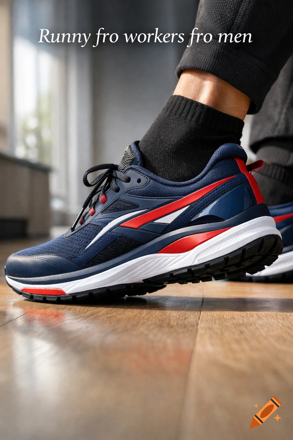 Close-up of a foot in a navy blue and red running shoe with black socks on a wooden floor, with text 'Runny fro workers fro men'.