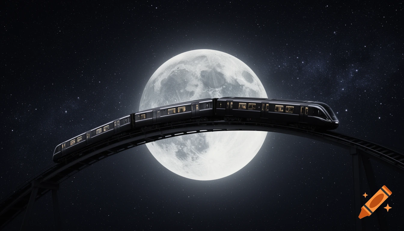 A sleek black train rides a curved track across the bright full moon in a starry night sky.
