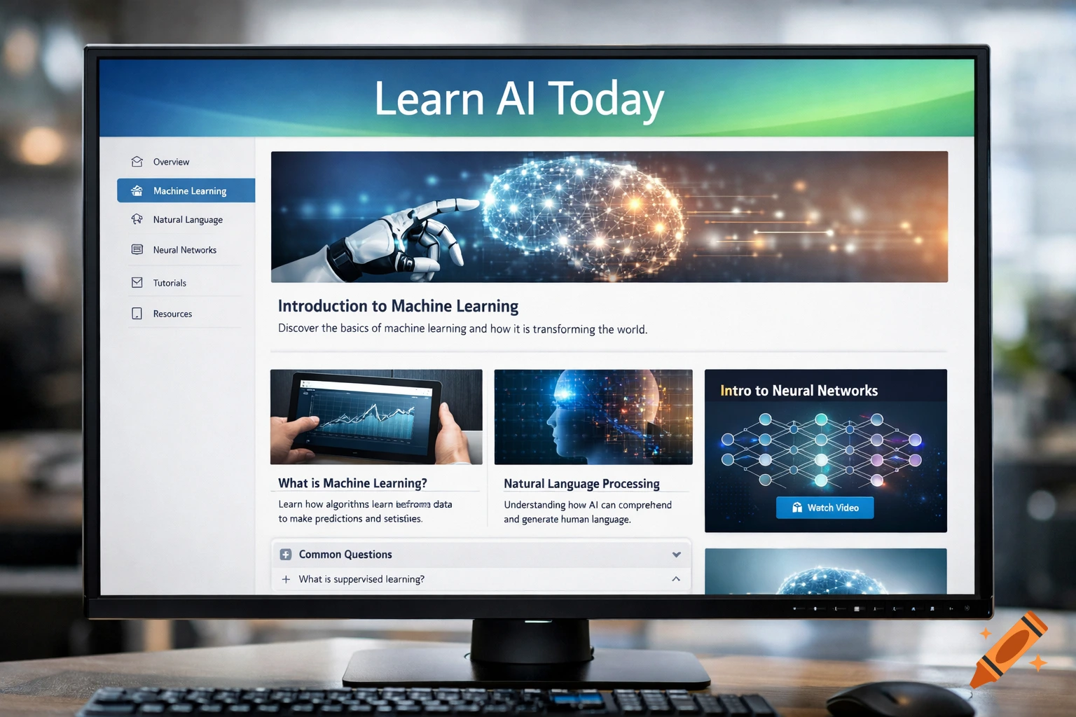 Photorealistic image of a computer monitor showing a 'Learn AI Today' webpage, with a keyboard and mouse on a wooden desk.