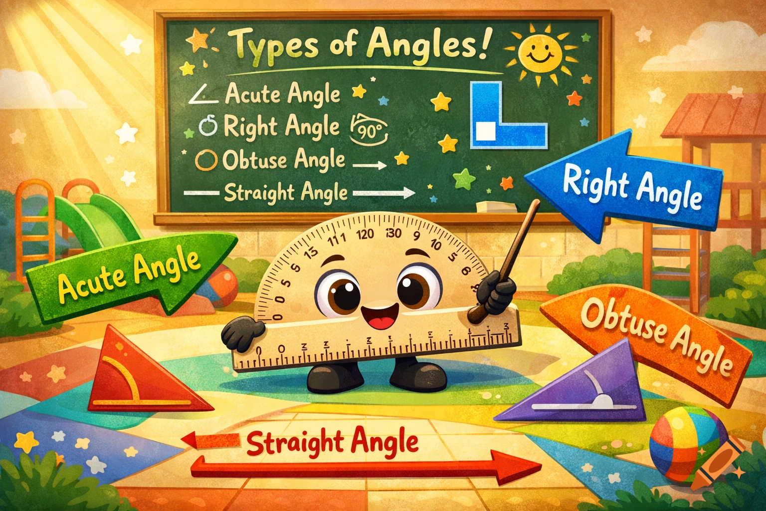 A cheerful cartoon protractor points to a chalkboard listing types of angles: acute, right, obtuse, and straight, with colorful arrows and shapes illustrating each.