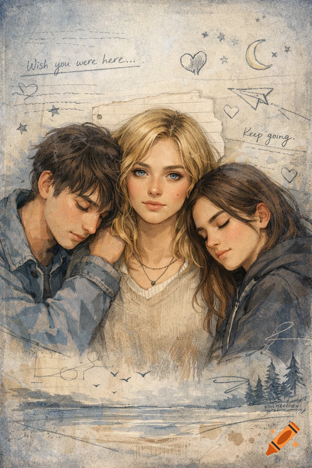 Watercolor illustration of three young people, a blonde woman in the middle with a man and woman leaning on her shoulders, with sketched elements and text 'Wish you were here...' and 'Keep going.' on a textured background.