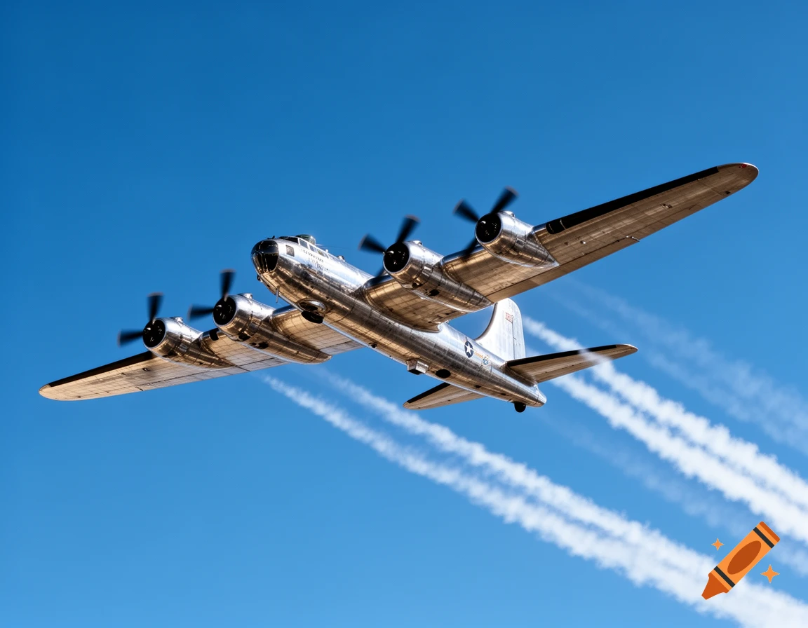 A gleaming silver B-29 bomber plane flies through a clear blue sky, leaving white contrails behind its four engines.