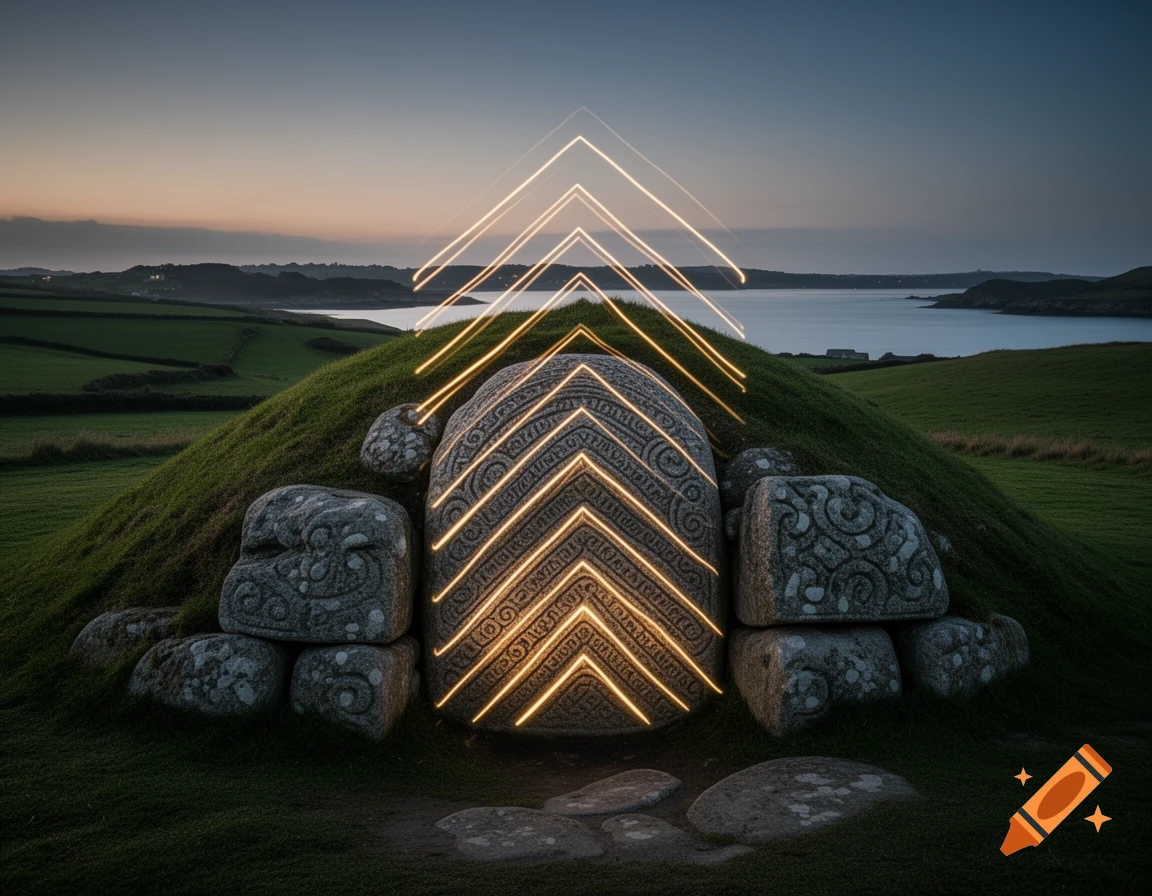 Glowing golden chevrons rise from intricately carved ancient stones on a grassy mound overlooking a bay at dusk.