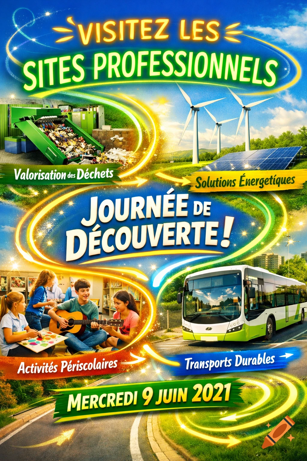 A colorful promotional poster for a 'Discovery Day' event, featuring various scenes like waste management, wind turbines, solar panels, children with musical instruments, and a green bus, all with French text overlay.