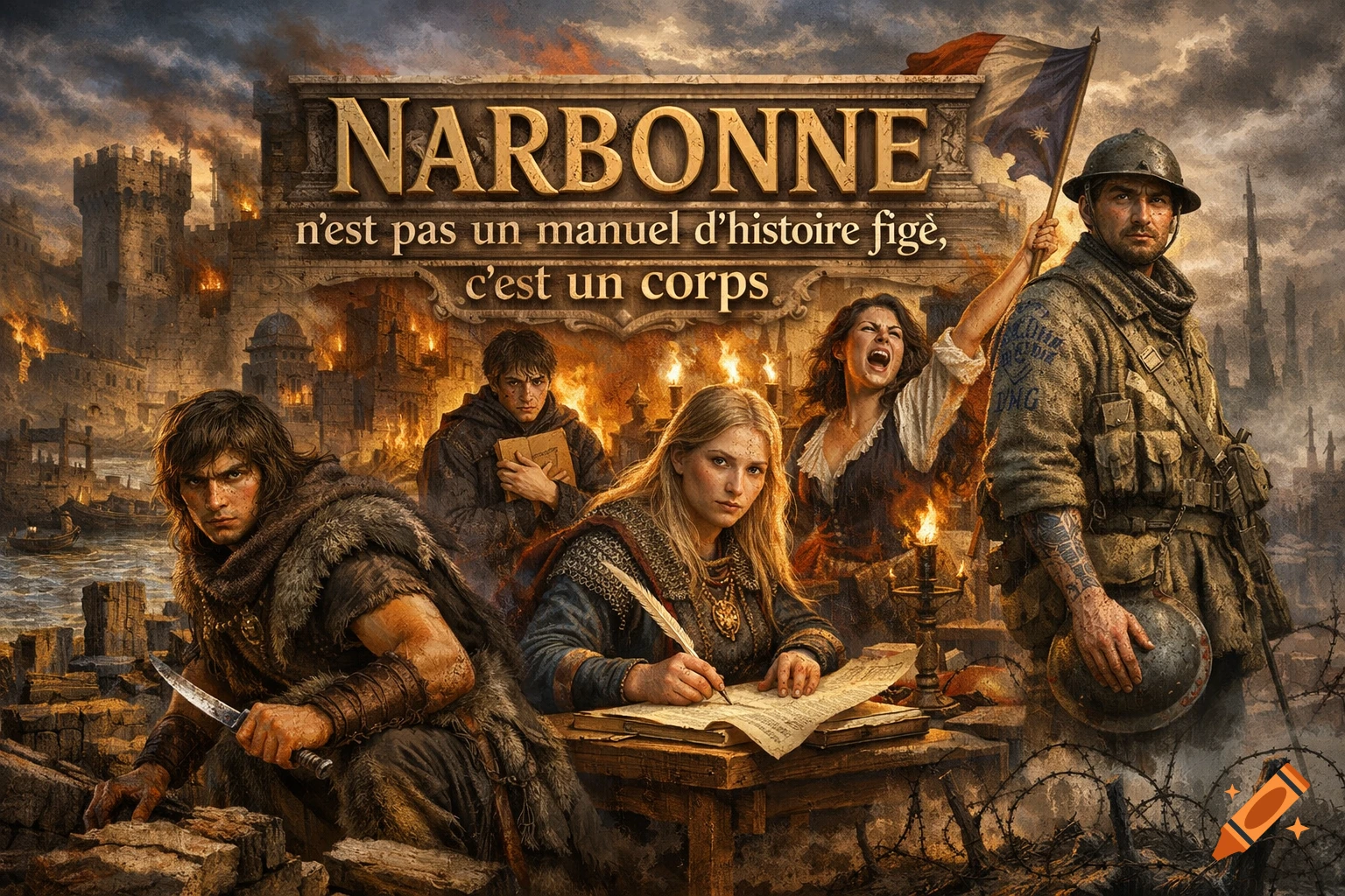Epic historical painting featuring diverse characters, including a soldier and a writer, against a burning city background with a 'NARBONNE' banner.