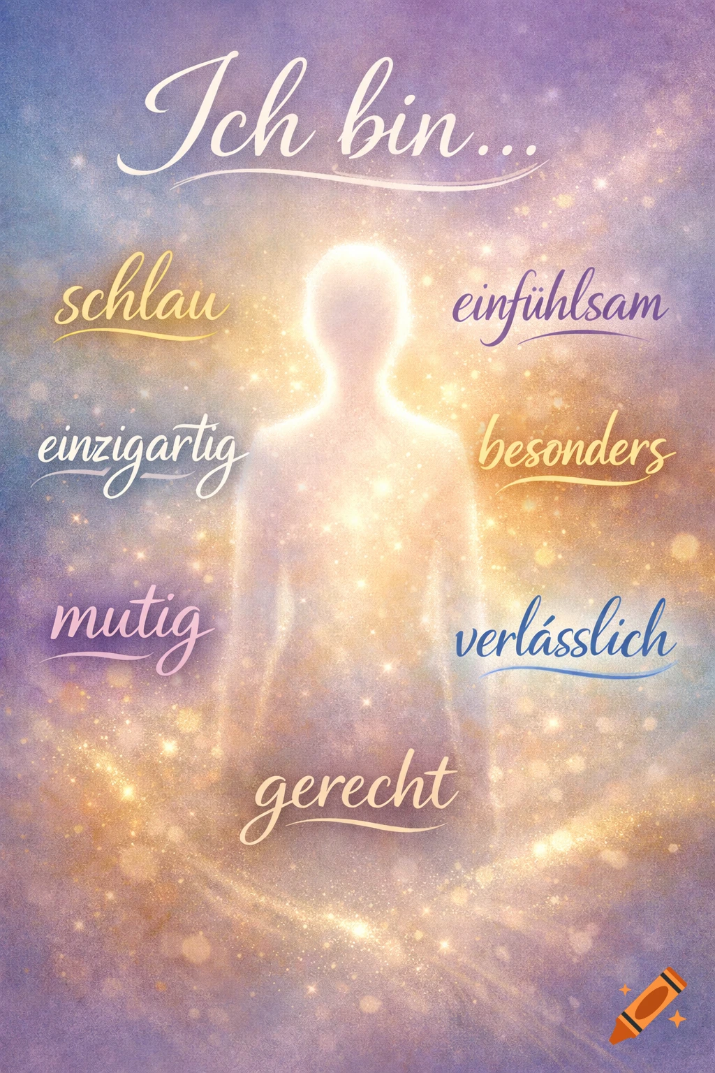 A glowing human silhouette surrounded by positive German words like 'Ich bin...', 'schlau', 'mutig', and 'einzigartig' on a dreamy, sparkling pastel background.