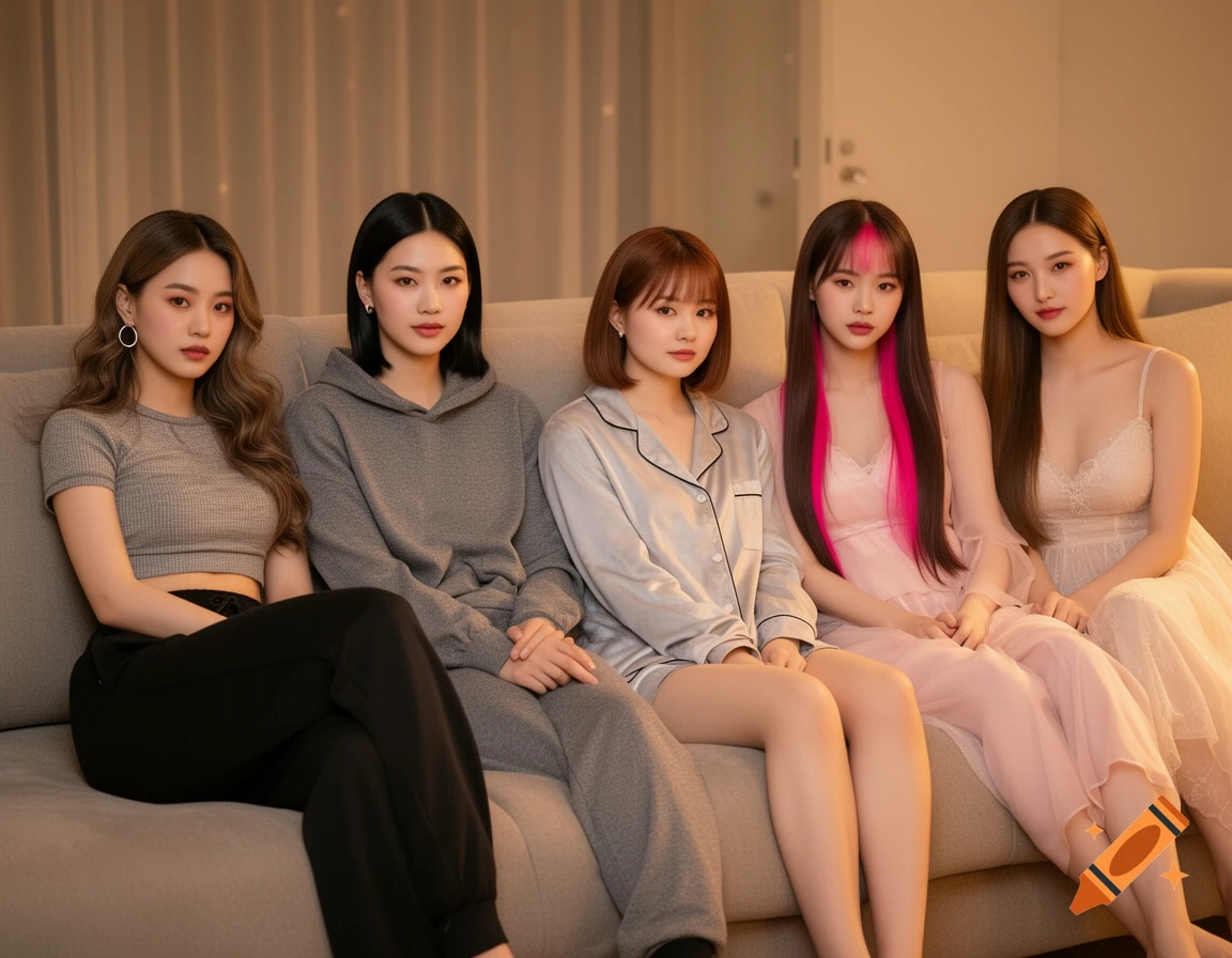 Five young women in various casual and sleepwear outfits sit together on a light grey sofa in a warm-lit room.