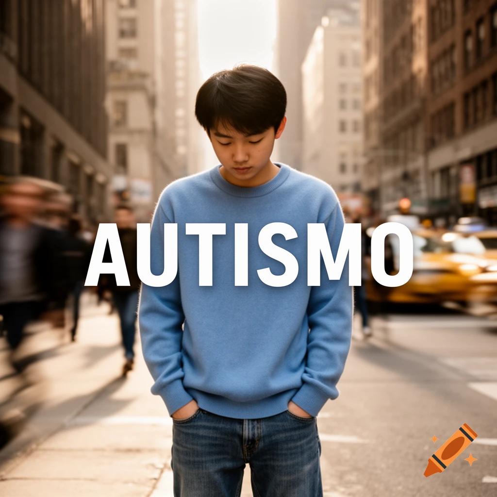 Young Asian man in a blue sweater stands in a busy city street with 'AUTISMO' text overlaid.