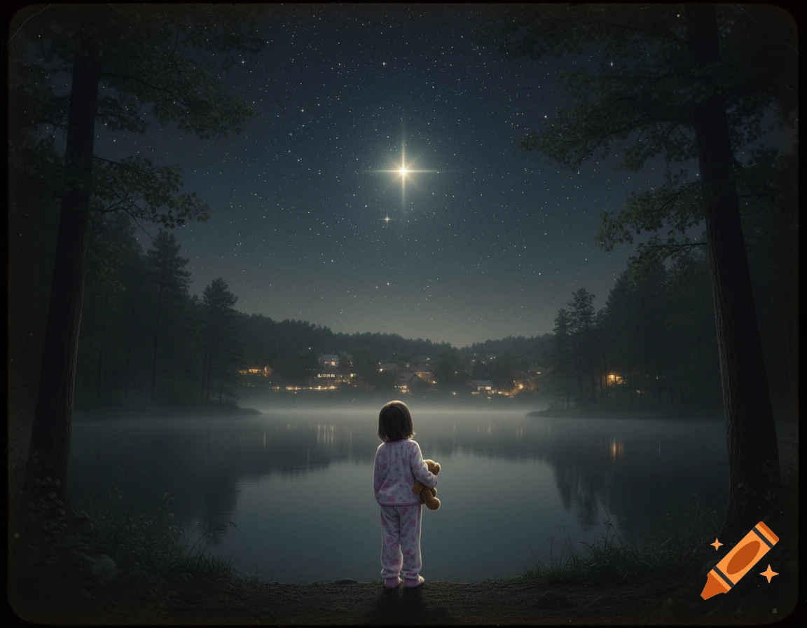 A child in pajamas holding a teddy bear stands by a misty lake under a starry night sky with a bright star.