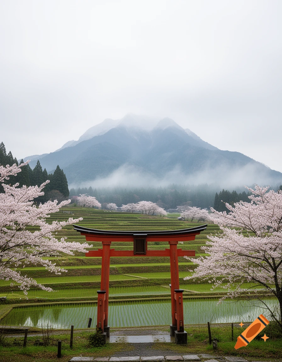 A vibrant red torii gate stands between green terraced rice paddies and pink cherry blossom trees, with a misty mountain in the background.