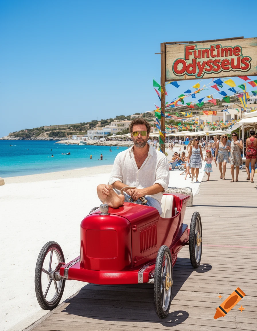 A man in a red vintage pedal car on a boardwalk next to a white sand beach, with a "Funtime Odysseus" sign.