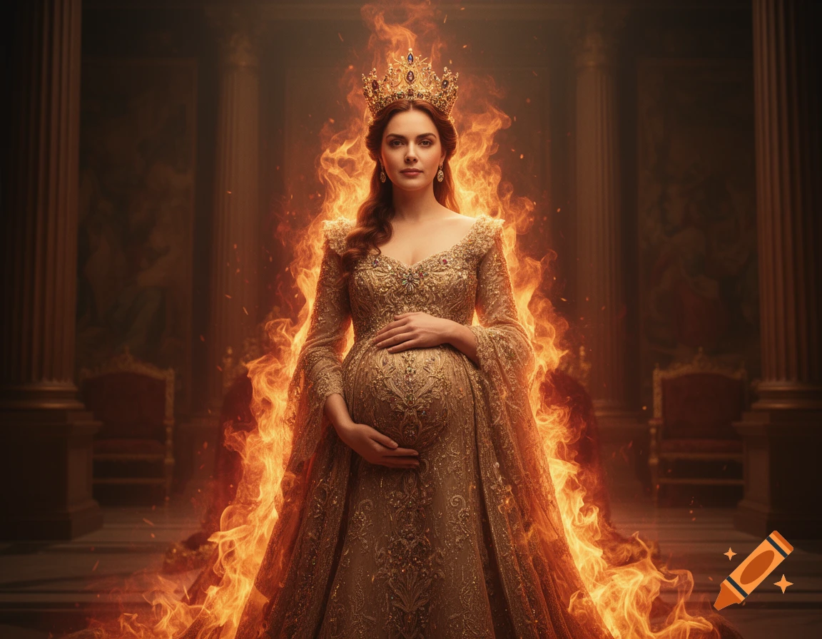 A pregnant queen in a golden gown and crown stands amidst intense flames in a grand, dark hall.