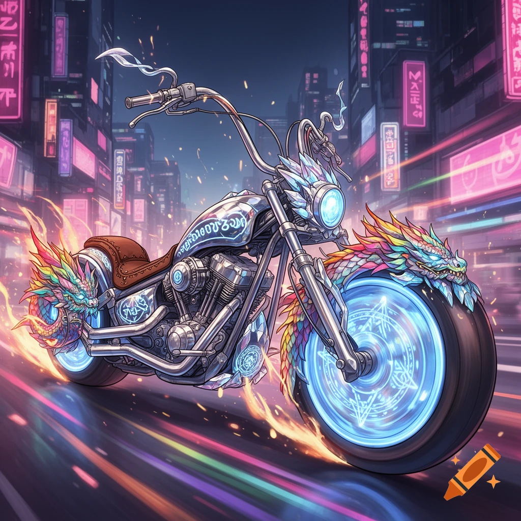 An anime-style magical chopper motorcycle adorned with colorful dragons and glowing blue wheels, speeding through a neon-lit futuristic city.