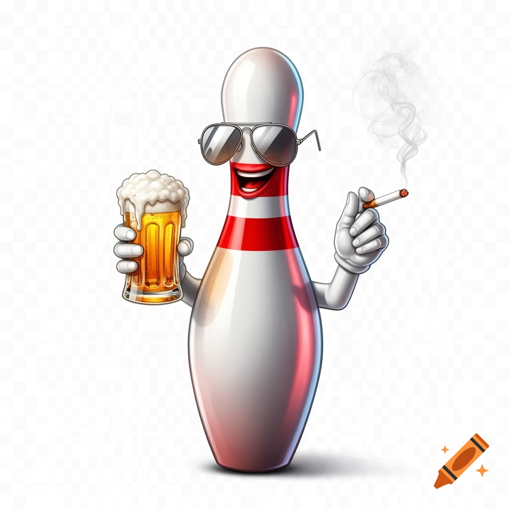 A cartoon bowling pin character with sunglasses, holding a beer and a smoking cigarette.