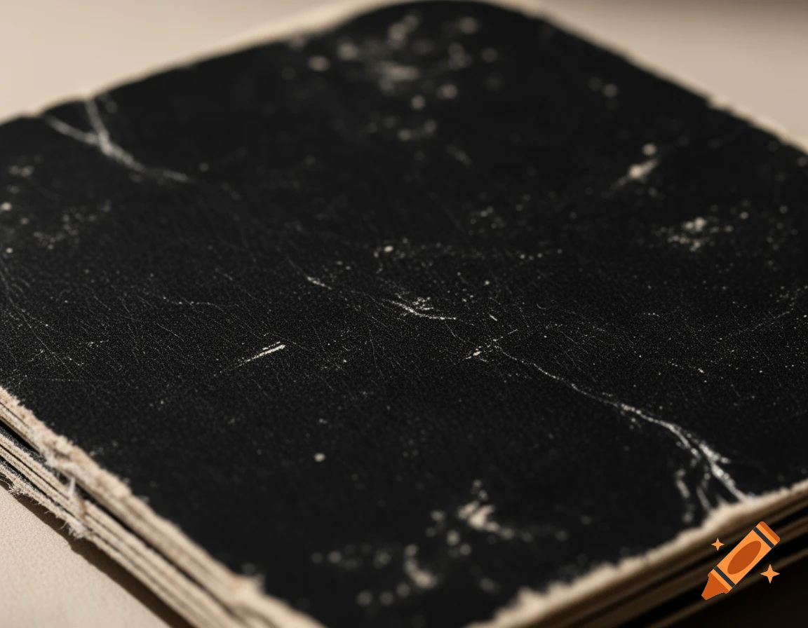 A close-up shot of a heavily damaged black texture, possibly paper or leather, covered in white specks and fine cracks.