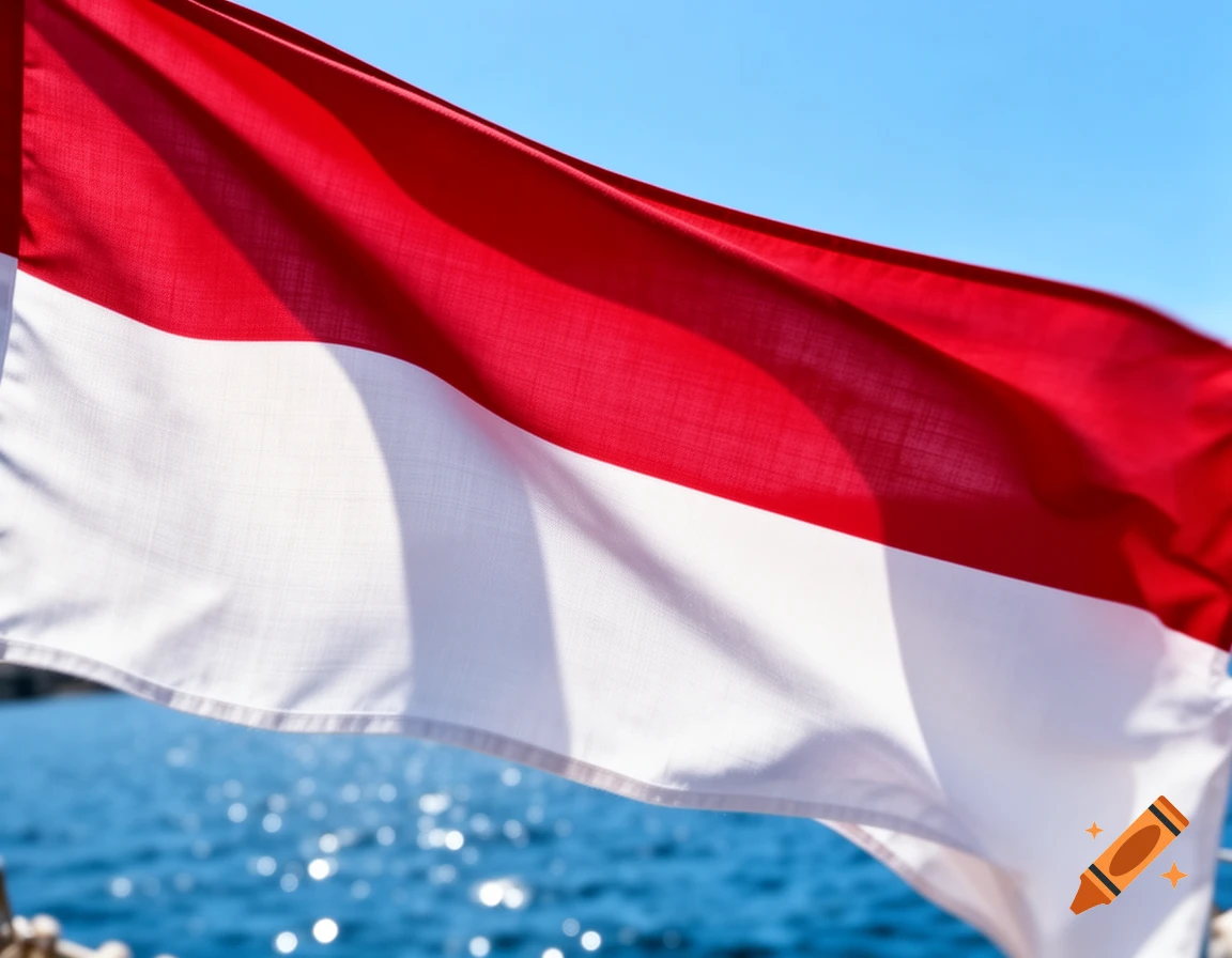 Red and white flag waving against a bright blue sky above sparkling blue water.