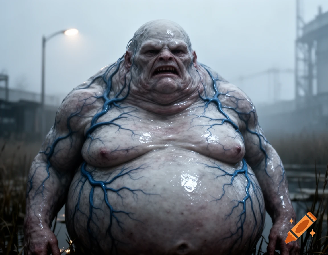 A photorealistic, grotesque, bald monster with bloated, wet, pale skin covered in prominent blue veins, standing in foggy industrial ruins.