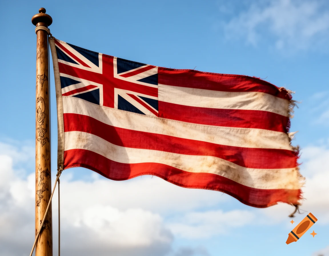 A distressed East India Company flag with a Union Jack in the canton waves on a wooden flagpole against a blue sky.